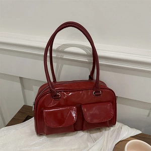 Chic red patent leather shoulder bag with double pockets and silver metal zippers
