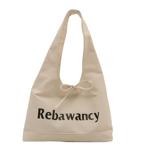 Minimalist canvas tote bag with Rebawancy print and drawstring detail in beige