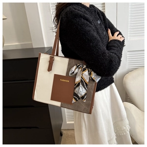 Women Tote Bag PU Leather Color Block Large Capacity Shoulder Handbag Office Commute Fashion With Scarf Decor Elegant Stylish