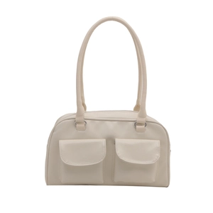Retro cream white square shoulder bag for women with dual pocket design and silver rings