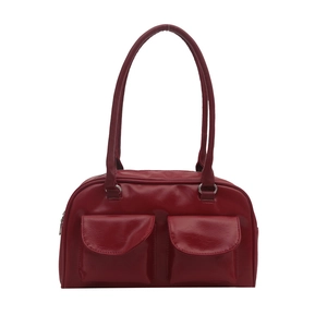 Retro deep red PU leather shoulder bag with dual front flap pockets and slim handles