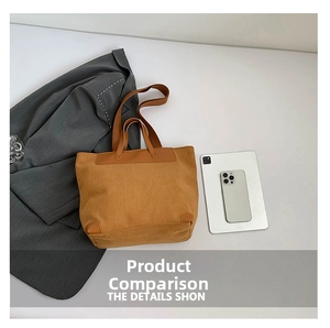 Detailed shot of a corduroy tote bag showing material texture and leather corner patches