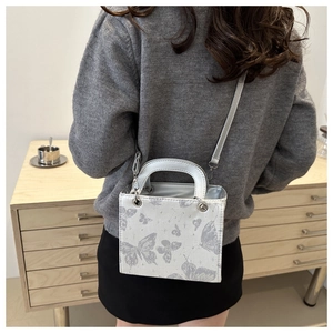 Detail view of silver square handbag with butterfly print and metallic handle on model