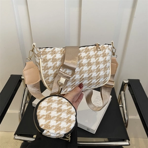 Houndstooth crossbody bag set with wide shoulder strap and gold hardware accents
