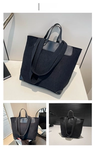 Detailed views of a black corduroy tote bag featuring leather handles and adjustable straps