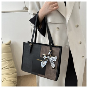 Contrast color patchwork tote bag with fashion print and silk scarf decor for women