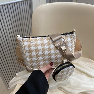 Houndstooth crossbody bag set with wide strap and matching round coin purse pendant