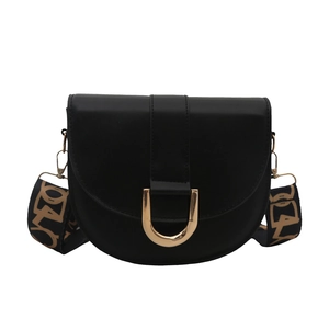 Chic black matte leather saddle bag with gold D-buckle and retro jacquard shoulder strap