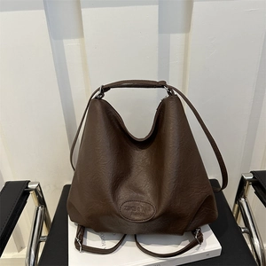 Dark brown large capacity pleated hobo tote bag in litchi textured PU leather
