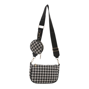Houndstooth crossbody bag with round coin purse and adjustable wide nylon shoulder strap