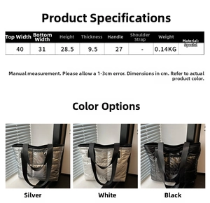 Detailed size chart and dimensions for the large capacity quilted tote bag
