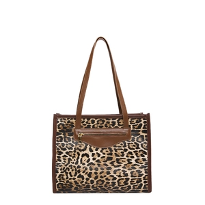 Leopard print tote bag with brown handles and a front gold zipper pocket for women