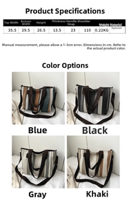 Detailed size chart and multi-color options for the striped canvas tote bag