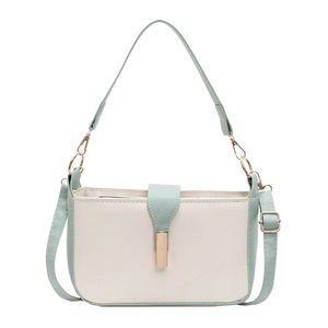 Minimalist color-block handbag in cream and light green leather with golden buckle