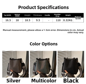 Detailed size specifications for rhinestone bucket bag with geometric strap view