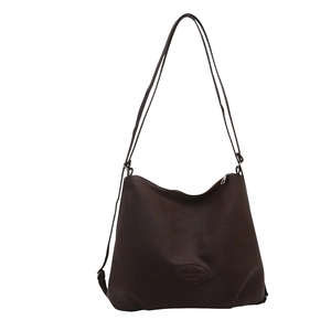 Minimalist large capacity dark brown tote bag with vintage pebbled leather texture