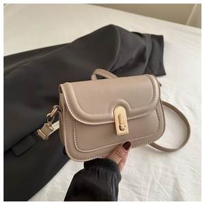 Close-up of beige vintage crossbody bag featuring gold metal clasp and double stitching detail