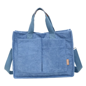 Borsa tote in velluto a coste azzurro con doppie tasche frontali e tracolla regolabile