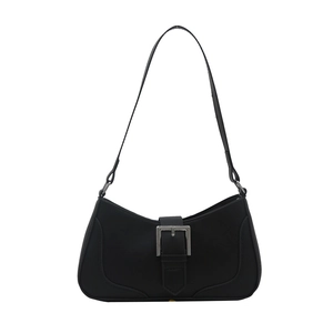 Vintage black leather underarm bag with large silver square buckle and slim strap