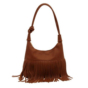 Brown vintage bohemian tassel tote bag with long fringe and knot strap details