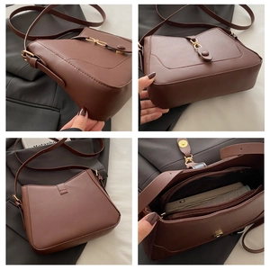 Detailed views of vintage brown tote bag with gold buckle and spacious interior pockets