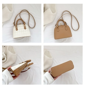 Detail view of mini shell bags in white quilted and brown PU leather with dual handles
