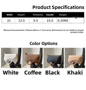 Detail view of four color options and product dimensions for the PU underarm bag