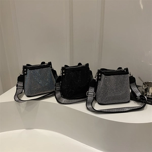 Sparkling Rhinestone Bucket Bag PU Leather Crossbody Handbag With Wide Chevron Webbing Strap Trendy Elegant Women