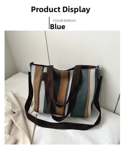 Blue striped canvas tote bag detail with wide handles and long shoulder strap