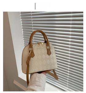 Close-up of shell-shaped crossbody bag in white and brown with gold hardware
