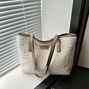 Large white fleece tote bag with brown leather handles for autumn and winter commute