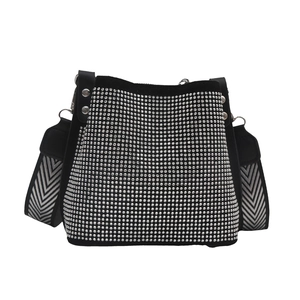 Fashionable black bucket bag with silver rhinestones and geometric pattern wide strap
