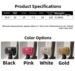 Detailed size specifications for quilted chain bag with metallic butterfly accent