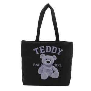 Cute black quilted puffer tote bag with purple teddy bear print and soft padded handles