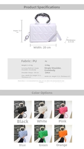 Quilted mini square bag detail with silver metal handle and adjustable 124cm strap