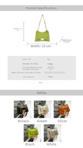 Detailed size chart and specifications for the PU leather crossbody chain handbag