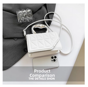 Detailed view of white quilted crossbody bag with silver metallic handle and geometric texture