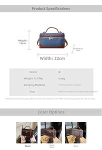 Detailed dimension guide and color options for denim crossbody bag showing sizes and weights