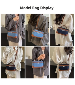 Detail view of denim and leather patchwork crossbody bag worn in multiple angles