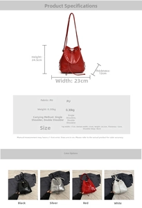 Detailed dimensions and multi-color options of the glossy PU leather bucket backpack