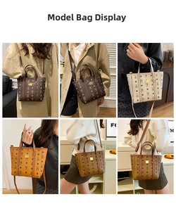 Collage montrant divers coloris de sacs seaux imprimés portés par un mannequin en styles