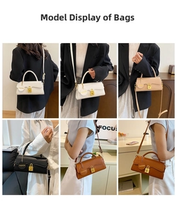 Detail view of stylish baguette bags in four colors with metal buckle and fashion charm