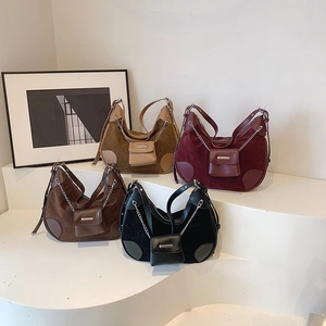 Women Hobo Bag Suede Patchwork Shoulder Underarm Bag With Mini Pouch Silver Chain Retro Street Trend Casual Daily
