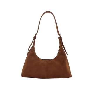 Minimalist brown suede hobo bag with adjustable strap and metallic zipper closure