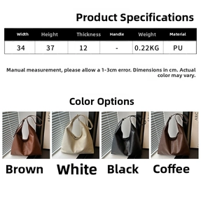 Detailed size specifications and color options for large capacity minimalist PU tote bag