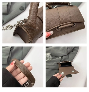 Détails du sac en cuir marron foncé à motif litchi avec chaîne argentée et fermoir aimanté