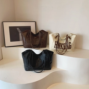 Large Capacity PU Leather Tote Bag Letter Print Retro Streetwear Shoulder Shopping Bag For Women University Students
