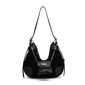 Black leather patchwork bucket bag with silver chain and matching mini pouch accessory