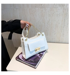 Detail of white rectangle crossbody bag with gold buckle and chain strap over a book
