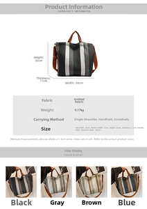 Size chart for striped canvas tote bag showing dimensions and black, gray, brown, blue colors